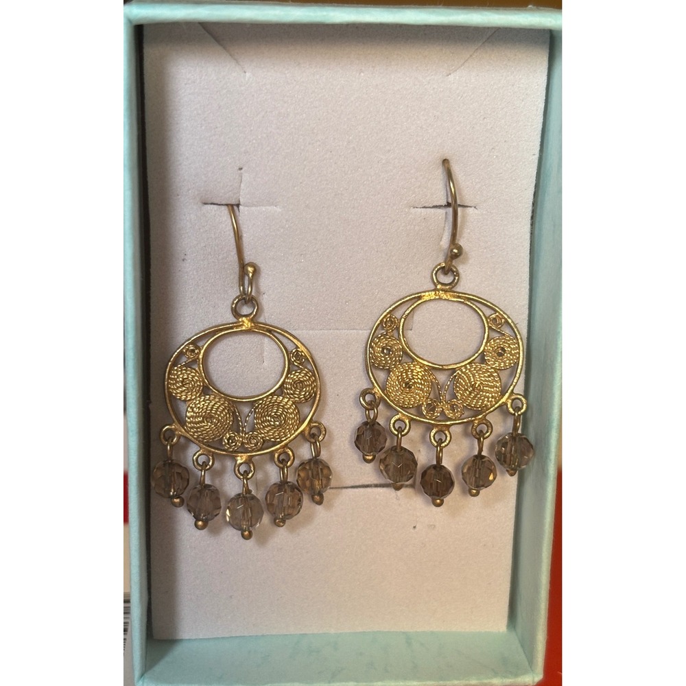 Satya Jewelry NYC Vintage 2005 Gold Filigree Chandelier Earrings Smoky Crystal